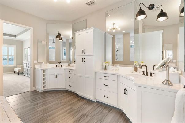 Bathroom, Dual Sink Vanities, Interior, Pendant Lights, Wood Texture Flooring
