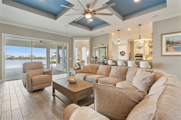 Interior, Living room, Pendant Lights, Recessed Lighting, Water, Wood Texture Flooring