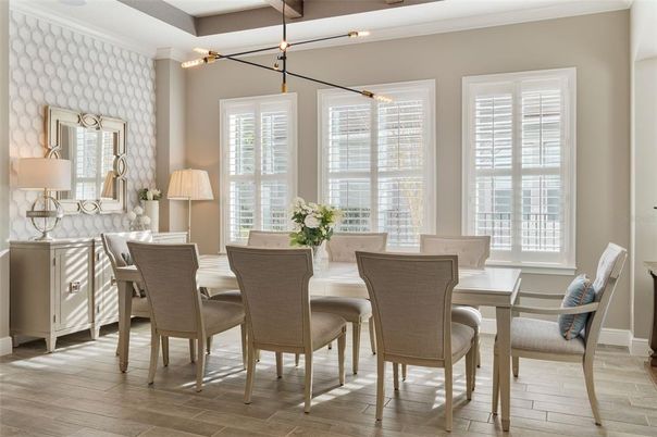 Dining room, Interior, Pendant Lights, Wood Texture Flooring