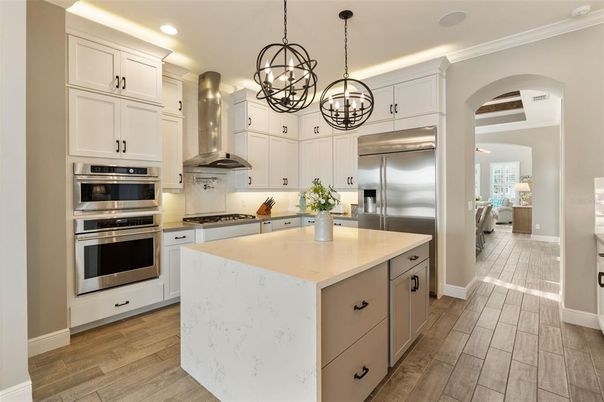 Chandelier, Interior, Kitchen, Pendant Lights, Recessed Lighting, Stainless Steel Appliances, Wood Texture Flooring