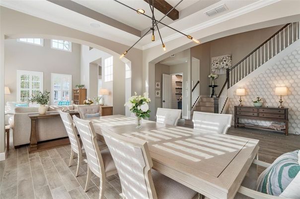 Dining room, Interior, Pendant Lights, Wooden Beams, Wood Texture Flooring