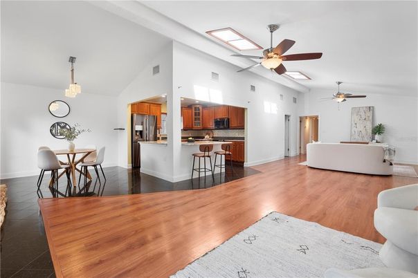 Dining room, Interior, Kitchen, Living room, Pendant Lights, Wood Texture Flooring