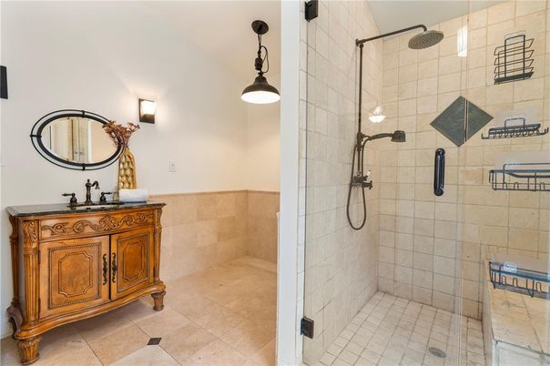 Bathroom, Glass Shower, Interior, Pendant Lights