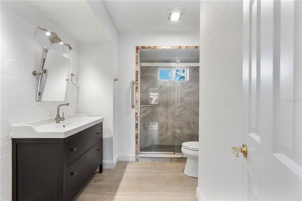 Bathroom, Glass Shower, Interior, Wood Texture Flooring