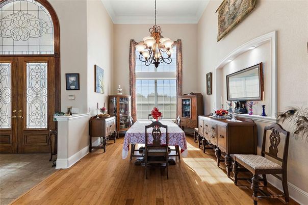 Chandelier, Dining room, Interior, Wood Texture Flooring