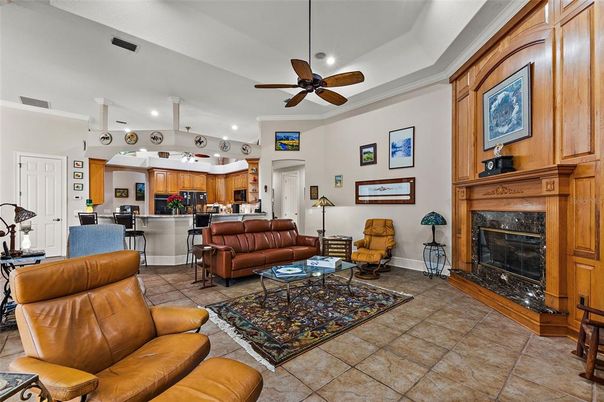 Fireplace, Interior, Kitchen, Living room, Recessed Lighting