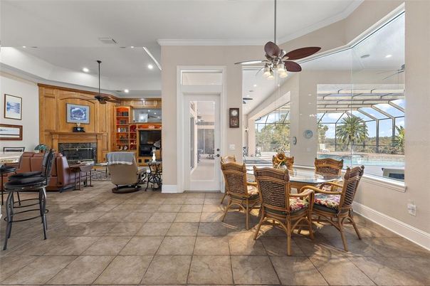 Dining room, Fireplace, Glass Ceilings, Interior, Living room, Recessed Lighting, Sun Room
