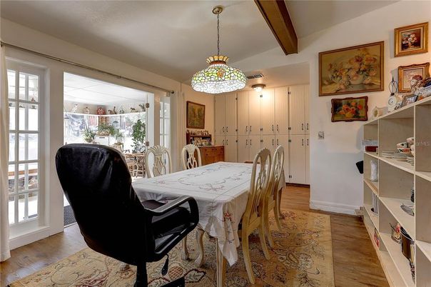 Dining room, Interior, Pendant Lights, Wood Texture Flooring
