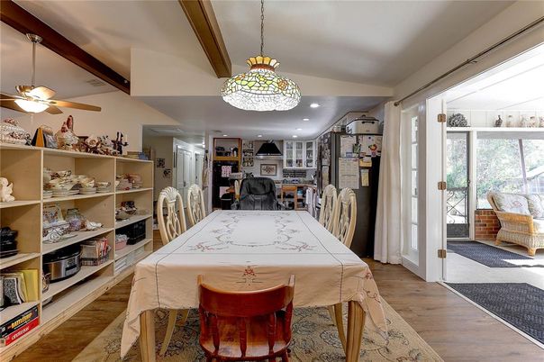 Dining room, Interior, Kitchen, Pendant Lights, Recessed Lighting, Wooden Beams, Wood Texture Flooring
