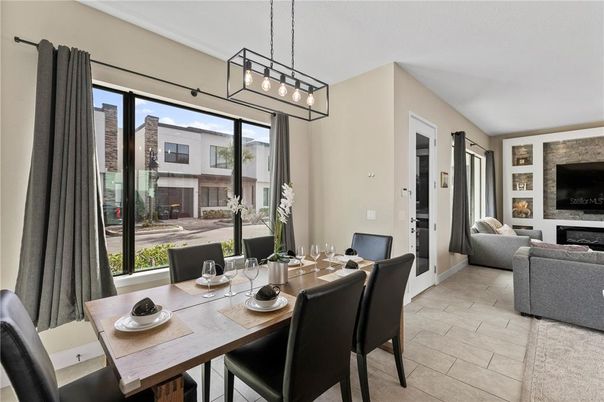 Dining room, Fireplace, Interior, Living room, Pendant Lights