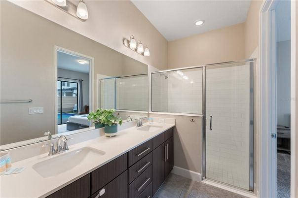 Bathroom, Dual Sink Vanities, Glass Shower, Interior, Recessed Lighting