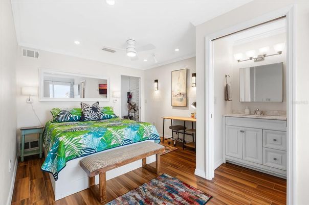 Bedroom, Interior, Recessed Lighting, Wood Texture Flooring