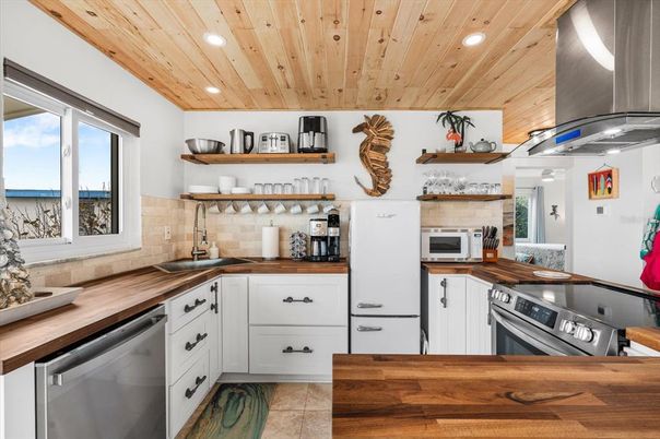 Interior, Kitchen, Recessed Lighting, Stainless Steel Appliances, Wooden Ceilings