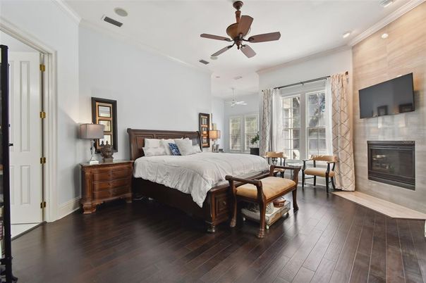 Bedroom, Fireplace, Interior, Recessed Lighting, Wood Texture Flooring