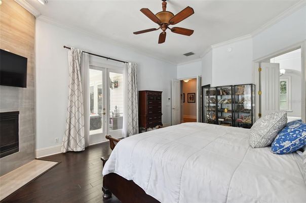 Bedroom, Fireplace, Interior, Wood Texture Flooring