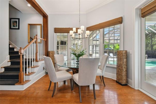 Chandelier, Dining room, Interior, Recessed Lighting, Wood Texture Flooring