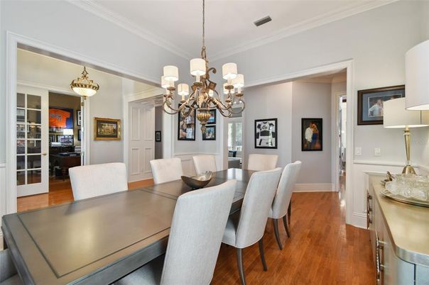 Chandelier, Dining room, Interior, Wood Texture Flooring