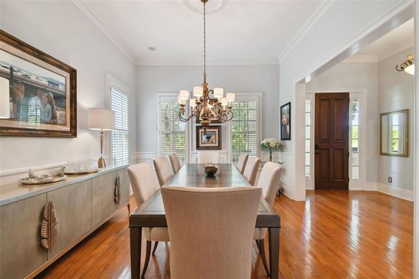 Chandelier, Dining room, Interior, Wood Texture Flooring