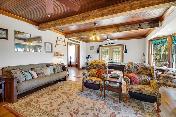 Billiard Table, Game Room, Interior, Living room, Pendant Lights, Wooden Beams, Wooden Ceilings, Wood Texture Flooring