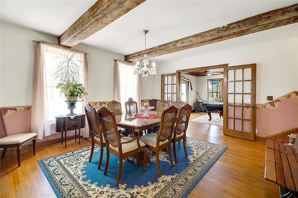 Billiard Table, Chandelier, Dining room, Game Room, Interior, Wooden Beams, Wood Texture Flooring