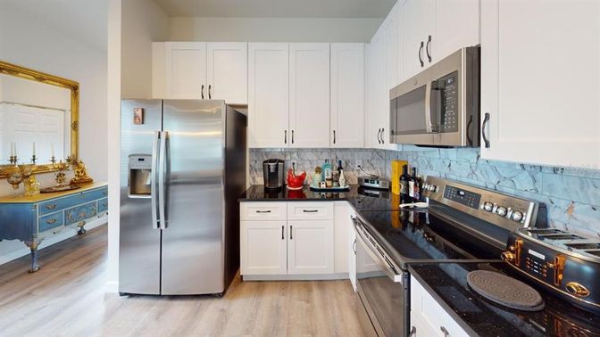Interior, Kitchen, Stainless Steel Appliances, Wood Texture Flooring