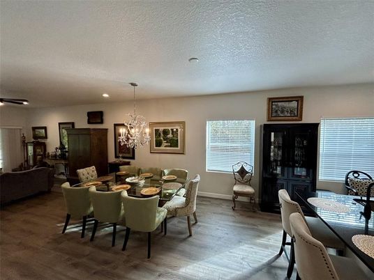 Chandelier, Dining room, Interior, Living room, Recessed Lighting, Wood Texture Flooring