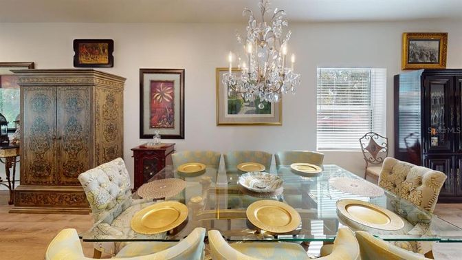 Chandelier, Dining room, Interior, Wood Texture Flooring