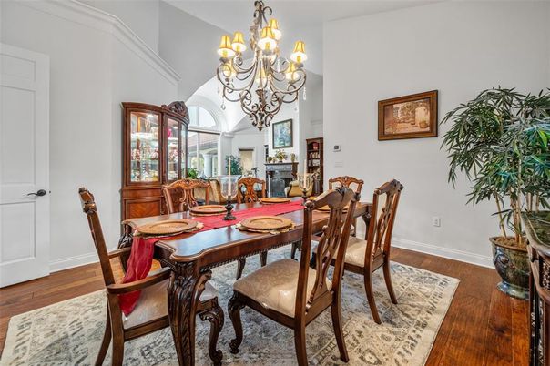 Chandelier, Dining room, Interior, Wood Texture Flooring