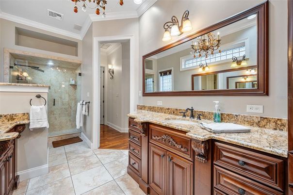 Bathroom, Dual Sink Vanities, Glass Shower, Interior, Wood Texture Flooring