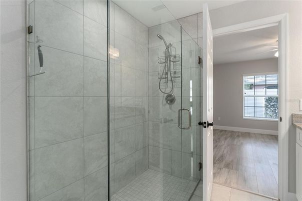 Bathroom, Glass Shower, Interior, Wood Texture Flooring