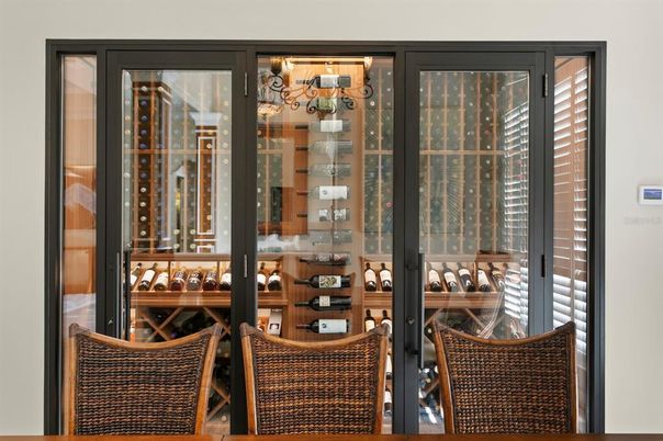 Chandelier, Dining room, Interior, Wine Storage