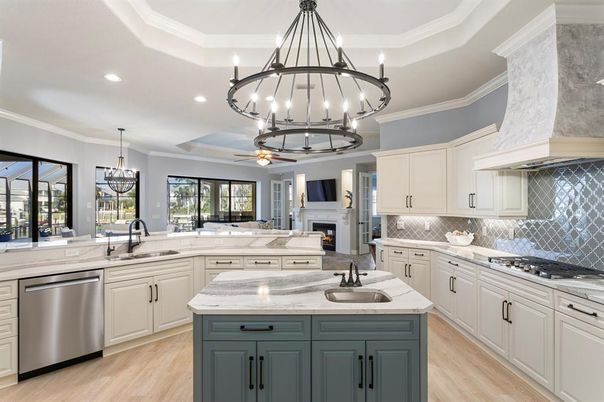 Fireplace, Interior, Kitchen, Pendant Lights, Recessed Lighting, Stainless Steel Appliances, Wood Texture Flooring