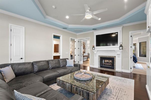 Fireplace, Interior, Living room, Recessed Lighting, Wood Texture Flooring