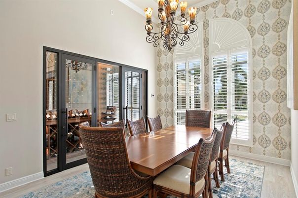 Chandelier, Dining room, Interior, Wood Texture Flooring