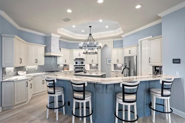 Chandelier, Interior, Kitchen, Pendant Lights, Recessed Lighting, Stainless Steel Appliances, Wood Texture Flooring