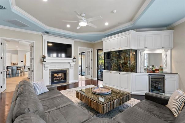 Fireplace, Interior, Living room, Recessed Lighting, Wood Texture Flooring