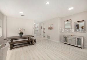 Dining room, Interior, Recessed Lighting, Wood Texture Flooring