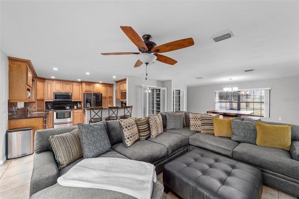 Chandelier, Dining room, Interior, Kitchen, Living room, Recessed Lighting, Stainless Steel Appliances