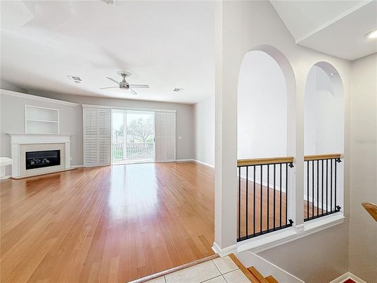 Empty room, Fireplace, Interior, Recessed Lighting, Wood Texture Flooring