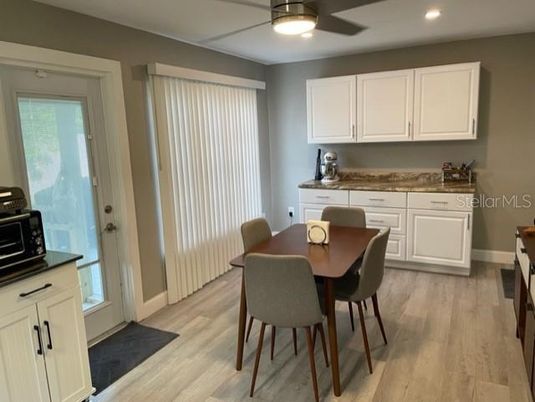 Dining room, Interior, Recessed Lighting, Wood Texture Flooring