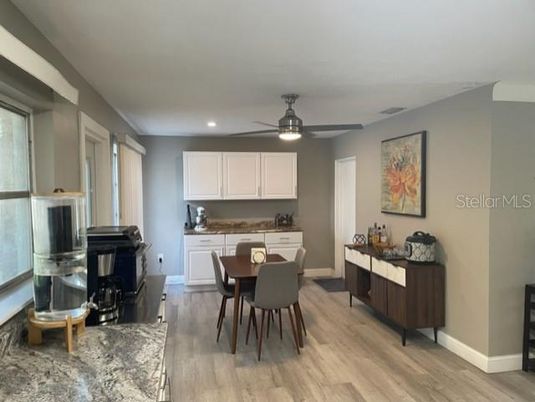 Dining room, Interior, Recessed Lighting, Wood Texture Flooring