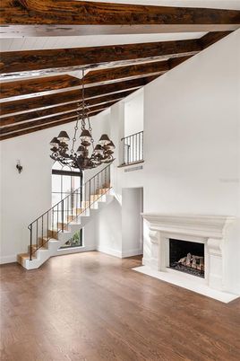 Fireplace, Interior, Pendant Lights, Wooden Beams, Wood Texture Flooring