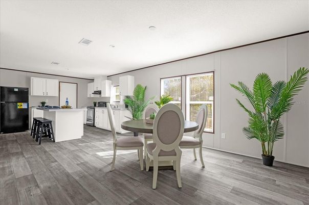 Dining room, Interior, Kitchen, Recessed Lighting, Wood Texture Flooring
