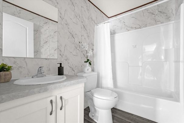 Bathroom, Interior, Marble Walls, Wood Texture Flooring