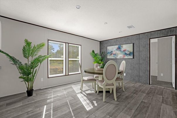 Dining room, Interior, Recessed Lighting, Wood Texture Flooring