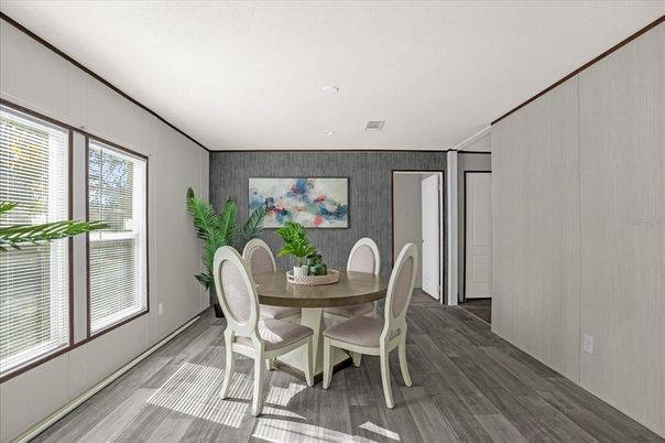 Dining room, Interior, Recessed Lighting, Wood Texture Flooring