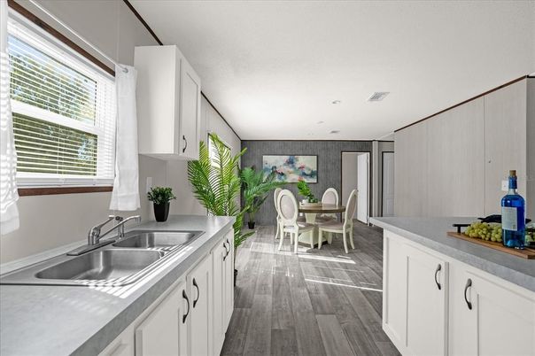 Dining room, Interior, Kitchen, Recessed Lighting, Wood Texture Flooring