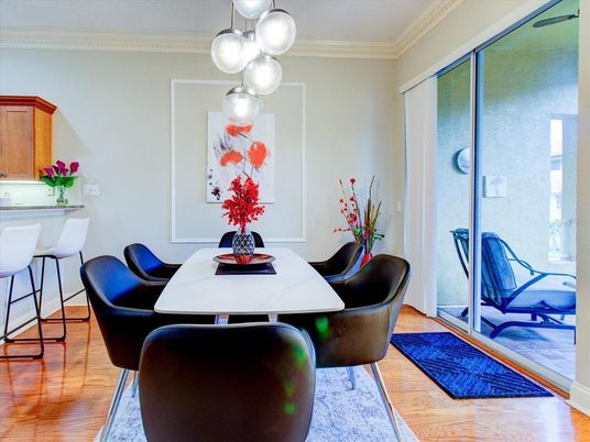 Dining room, Interior, Pendant Lights, Wood Texture Flooring