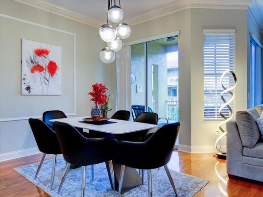 Dining room, Interior, Pendant Lights, Wood Texture Flooring