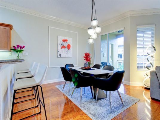 Dining room, Interior, Pendant Lights, Wood Texture Flooring